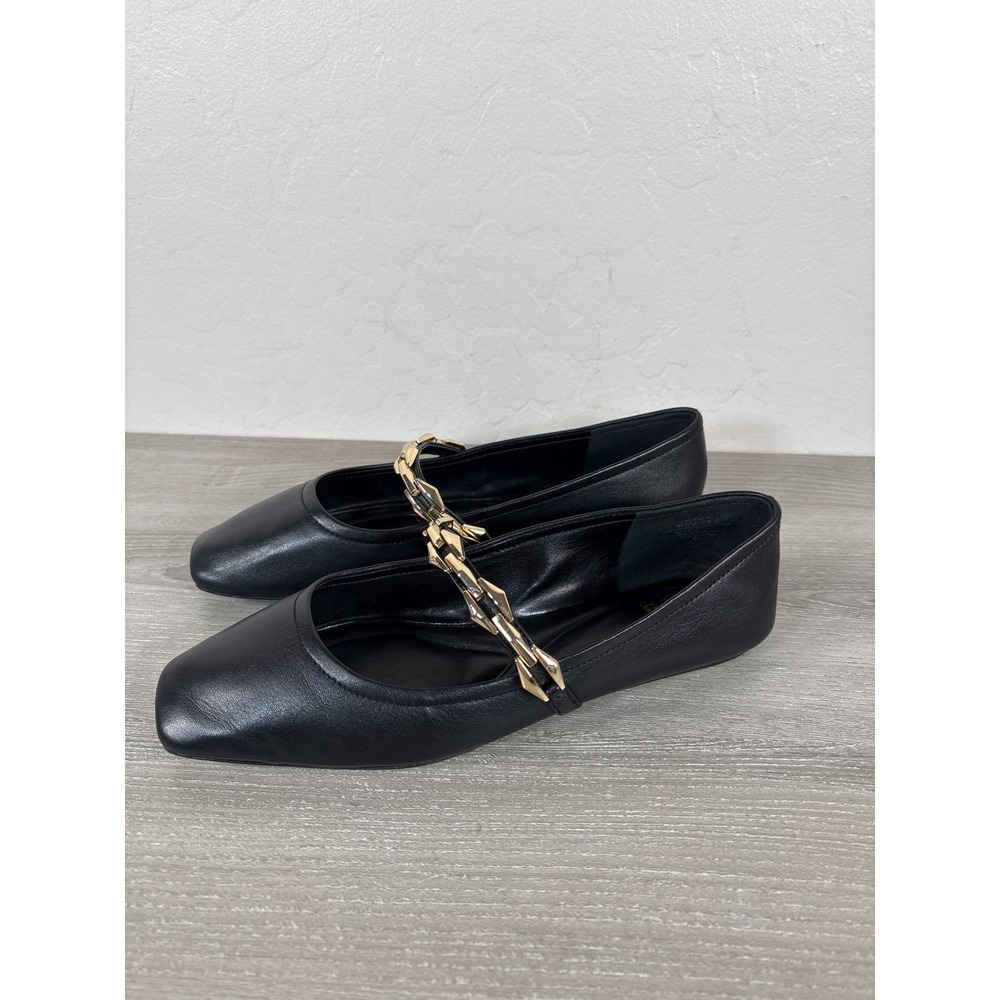 Vince Camuto Black Leather Square Toe Chain Link Mary Jane Flat Womens 8.5 M